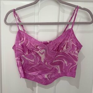 Pink Marble Lace Trim Cropped Tank Top